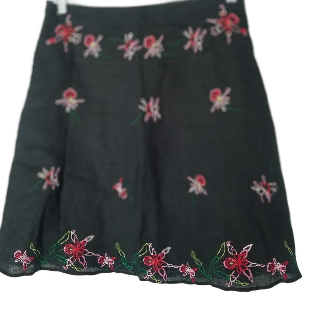 Silkland Petite Women's Black Floral Embroidered 100% Linen A-Line Skirt…